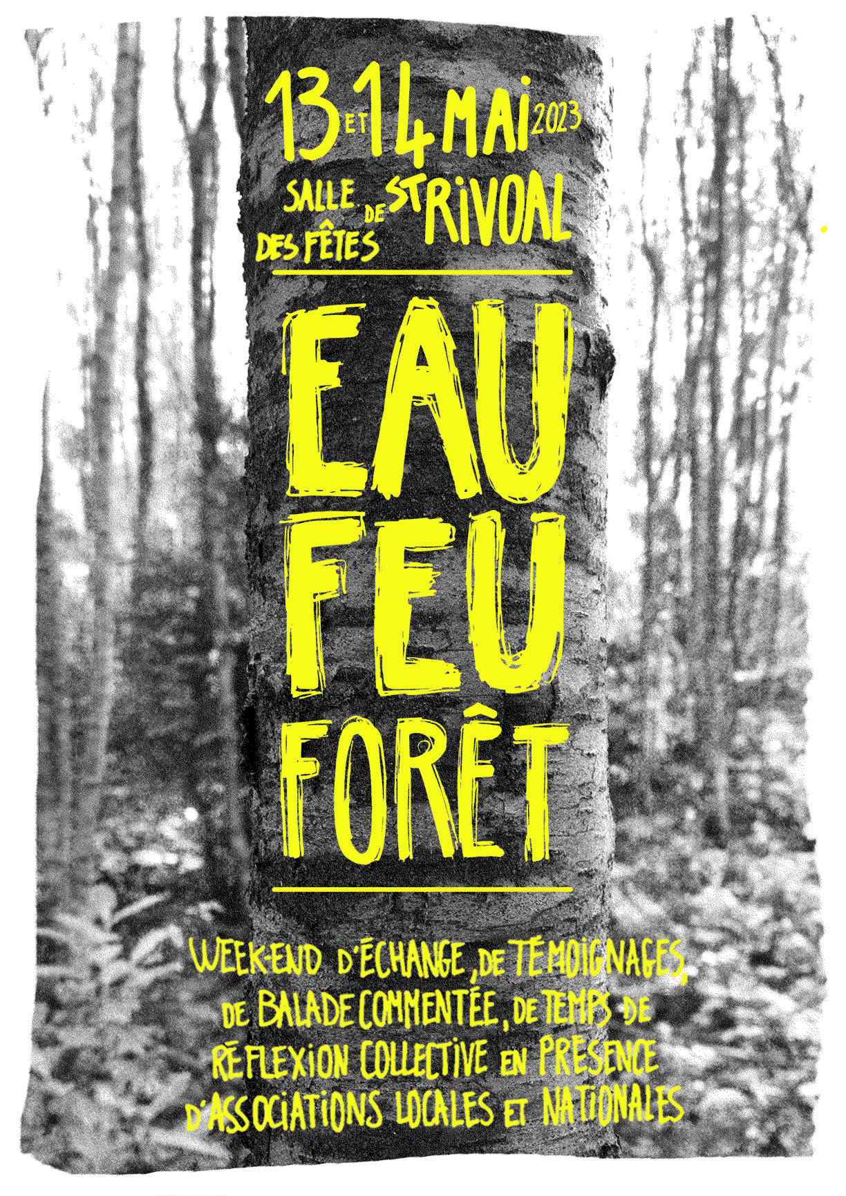 le 13 et 14 mai 2023 à la salle des fêtes de Saint-Rivoual : « Eau - Feu Forêt », week-end d'échange, de témoignage, de balade commentée, de temps de réflexion collective en présence d'association locales et nationales.